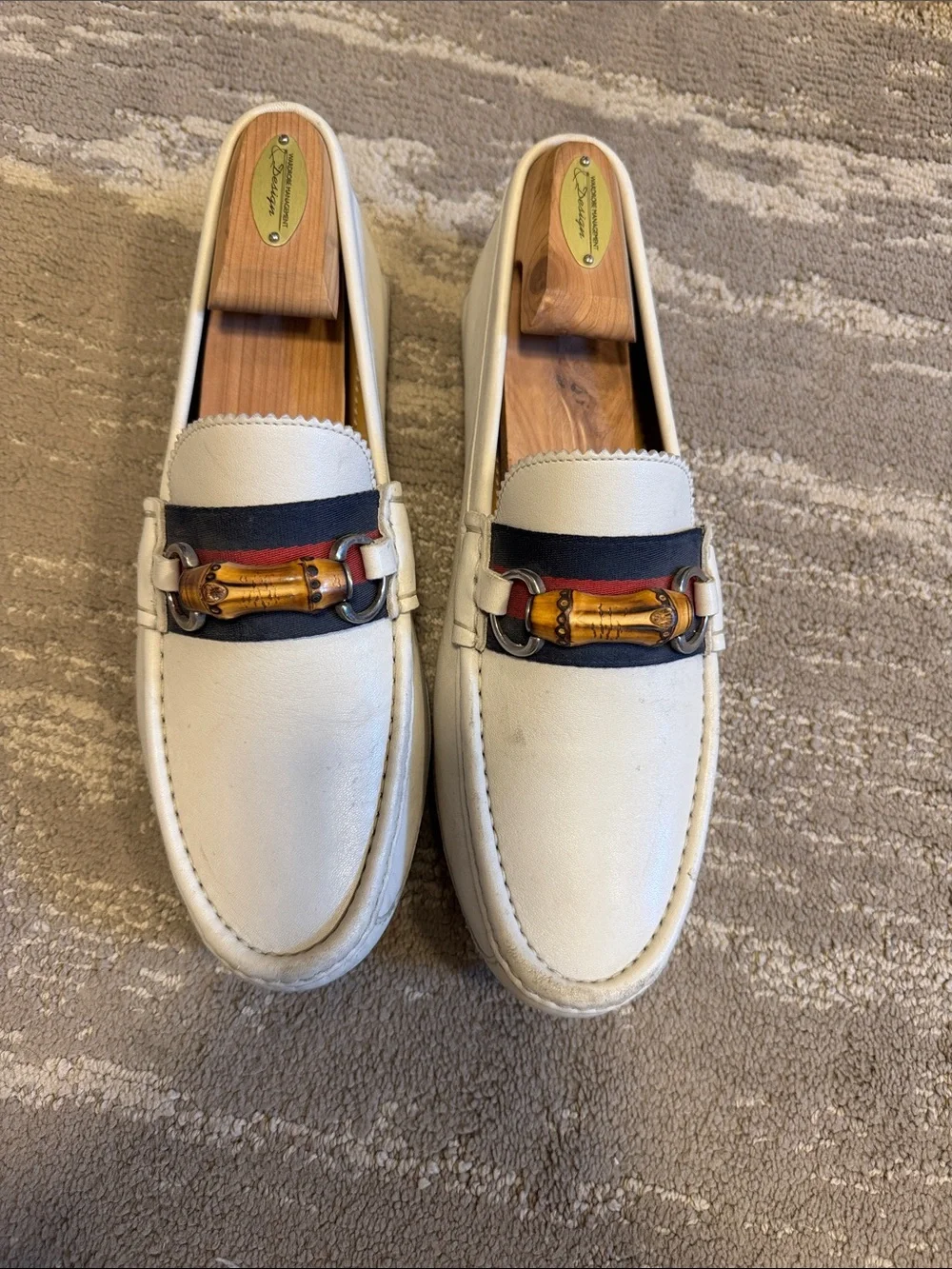 Gucci White Leather Loafers with Bamboo Bit and Web Stripe